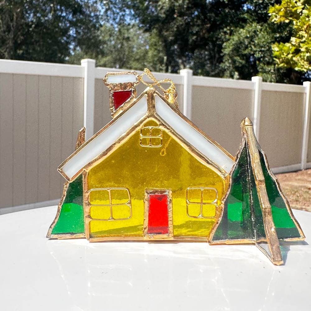 Vintage Stained Glass Christmas House Ornament Fold Flat Suncatcher Gold Tone